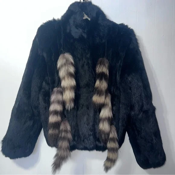 Rabbit Fur Zip Up Mob Wife Fur Coat With Tail Tassels Black M - Picture 5 of 15